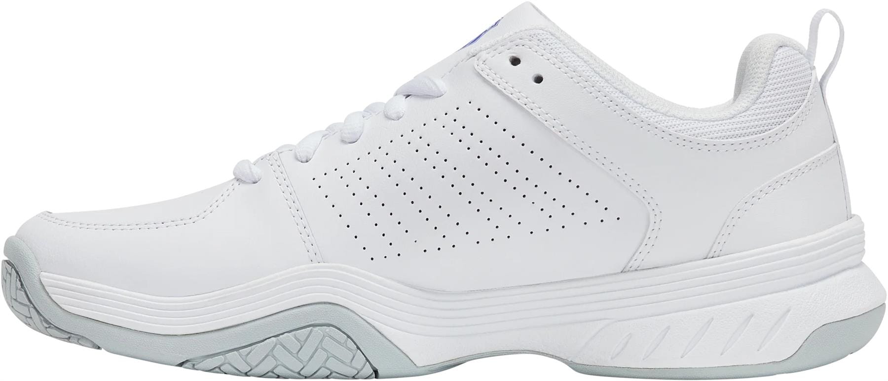 The K-Swiss Court Express 2 Men’s Tennis Shoes in White/Dazzling Blue feature perforated sides, a textured light gray sole, white laces, and classic K-Swiss design—shown here in a left profile view on a plain white background.