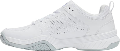 The K-Swiss Court Express 2 Men’s Tennis Shoes in White/Dazzling Blue feature perforated sides, a textured light gray sole, white laces, and classic K-Swiss design—shown here in a left profile view on a plain white background.