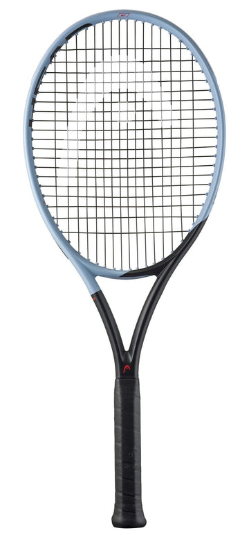 The HEAD Instinct MP 2025 Tennis Racket by HEAD features a black handle, black throat, and light blue frame around the strings, shown on a white background—ideal for advanced players seeking precision and Auxetic technology.