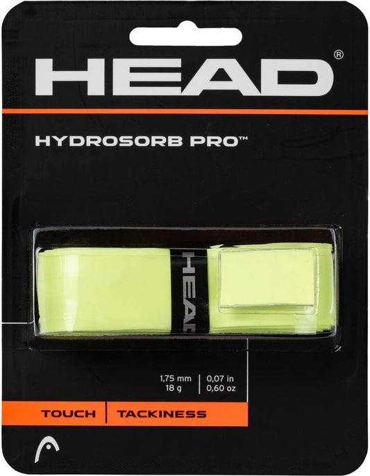 The HEAD HydroSorb Pro Replacement Tennis Grip in Luminous Yellow, by HEAD, comes in black and orange retail packaging with "Touch" and "Tackiness" features displayed at the bottom—perfect as a replacement grip.