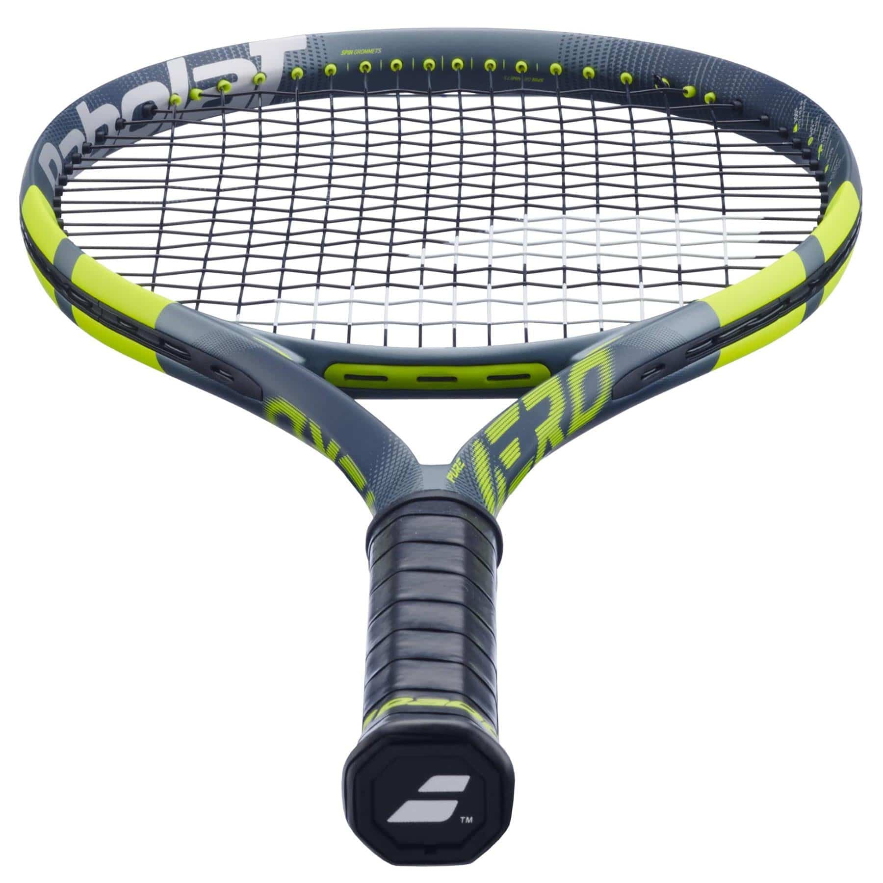A close-up of the Babolat Pure Aero 2026 Tennis Racket showcases its black grip tape, tightly strung head, and the Babolat logo visible on the handle end.