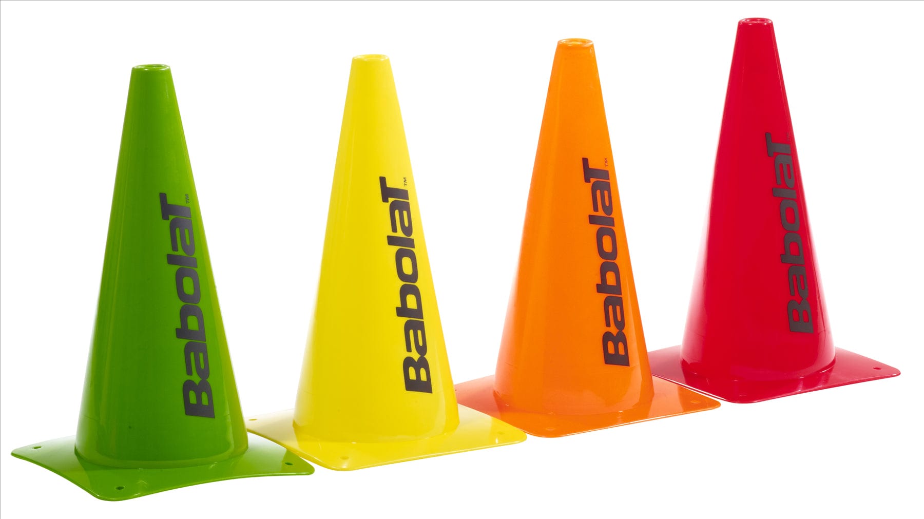 The Babolat Mini Tennis Training Kit features a set of four traffic cones in green, yellow, orange, and red. Each cone prominently displays the Babolat brand name in black along the sides. Ideal for tennis practice or as a component of a training kit, these cones enhance your Babolat Mini Tennis sessions.