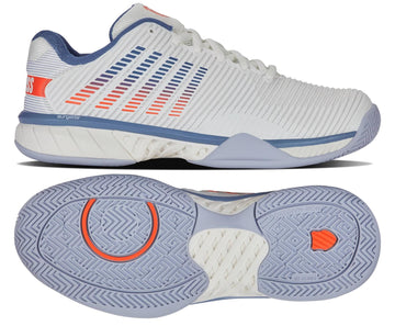 The K-Swiss Hypercourt Express 2 Men's Tennis Shoes in White/Scarlet Ibis feature a textured sole with blue and orange herringbone accents and an upper design of breathable gradient stripes in blue and orange.