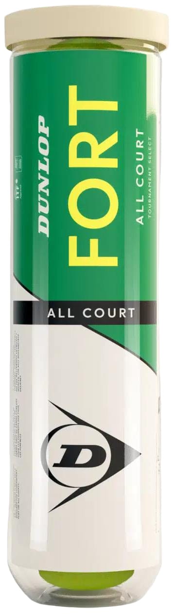 A 4-ball tube of Dunlop Fort All Court Tennis Balls, featuring Dunlop’s iconic logo and bold yellow "FORT" text—ideal for competitive players seeking elite-level performance.