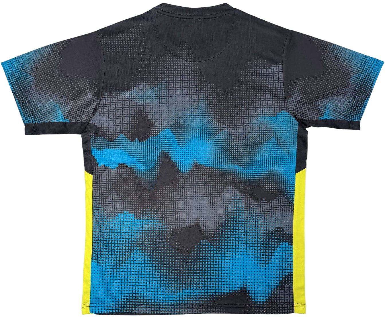 The Yonex YTM2025A Men's Tennis T-Shirt in black features a blue and gray pixelated back, yellow side stripes, and micro-knit Quick-Dry fabric. This short-sleeved Yonex shirt is displayed flat on a white background.