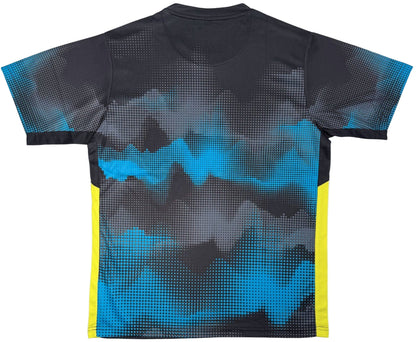 The Yonex YTM2025A Men's Tennis T-Shirt in black features a blue and gray pixelated back, yellow side stripes, and micro-knit Quick-Dry fabric. This short-sleeved Yonex shirt is displayed flat on a white background.
