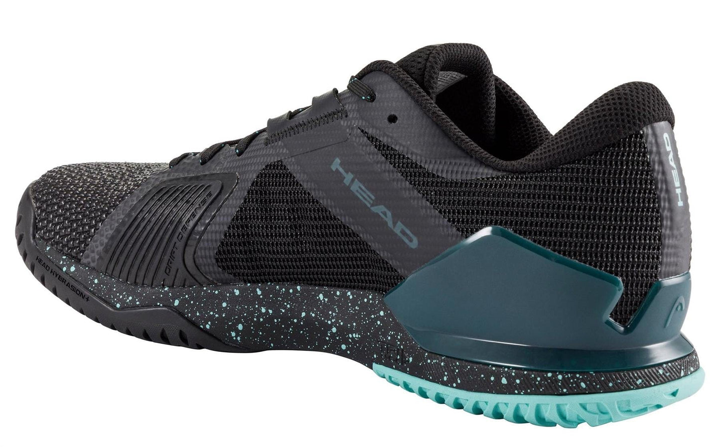 The HEAD Sprint Pro 4.0 SF Men's Tennis Shoe in black/teal features a SuperFabric mesh upper, textured sole, speckled midsole, and HEAD branding on the side. The shoe is angled to display the outer side and heel.