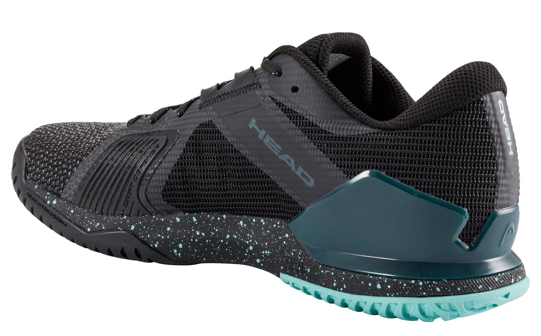 The HEAD Sprint Pro 4.0 SF Men's Tennis Shoe in black/teal features a SuperFabric mesh upper, textured sole, speckled midsole, and HEAD branding on the side. The shoe is angled to display the outer side and heel.