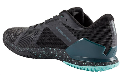 The HEAD Sprint Pro 4.0 SF Men's Tennis Shoe in black/teal features a SuperFabric mesh upper, textured sole, speckled midsole, and HEAD branding on the side. The shoe is angled to display the outer side and heel.
