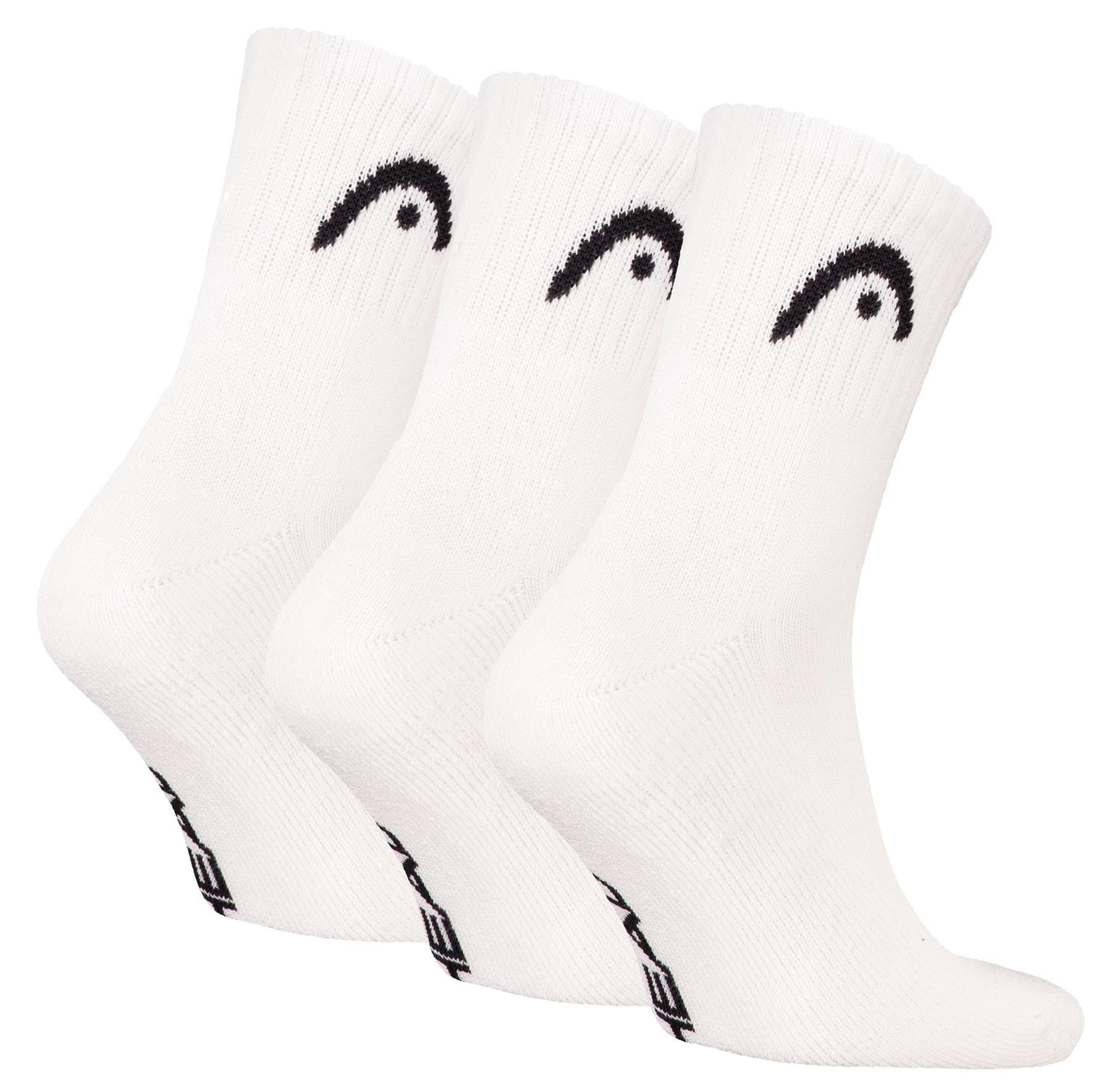The HEAD Club Short Crew Tennis Socks - White (3 Pack) feature a black HEAD logo near the top, black branding along the side, and cushioned soles for comfort.