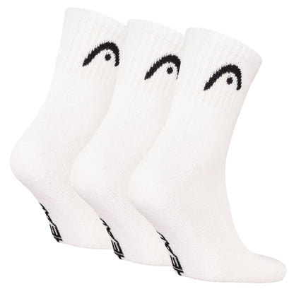 The HEAD Club Short Crew Tennis Socks - White (3 Pack) feature a black HEAD logo near the top, black branding along the side, and cushioned soles for comfort.