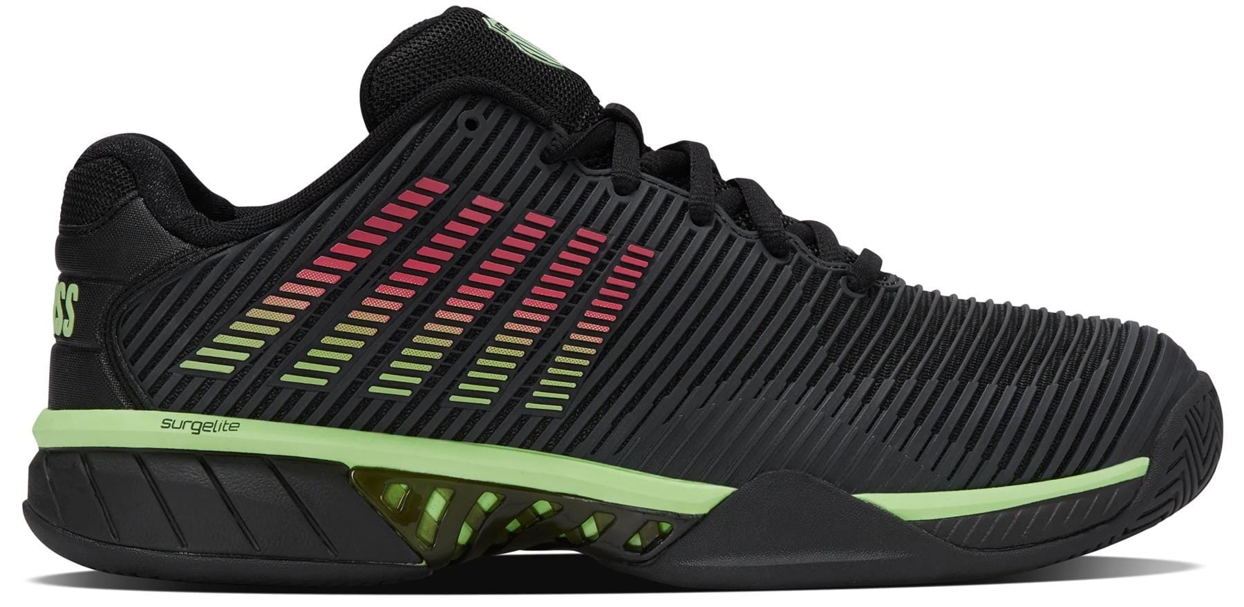 The K-Swiss Hypercourt Express 2 Men's Tennis Shoes in black feature ribbed texture, neon green and red gradient stripes, a green sole accent, and a partially visible brand name on the heel for stylish performance on court.