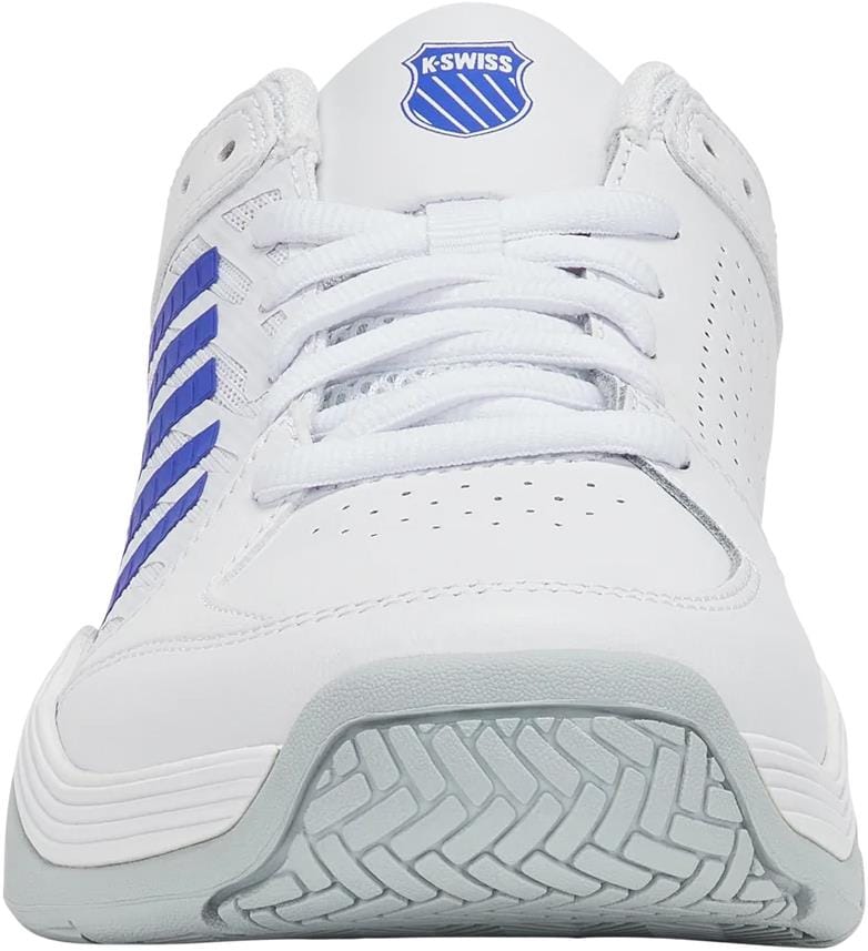 Front view of K-Swiss Court Express 2 Men's Tennis Shoes in White/Dazzling Blue, featuring blue stripes, white laces, a gray textured sole, and the K-Swiss logo on the tongue—offering comfort and style for tennis players.