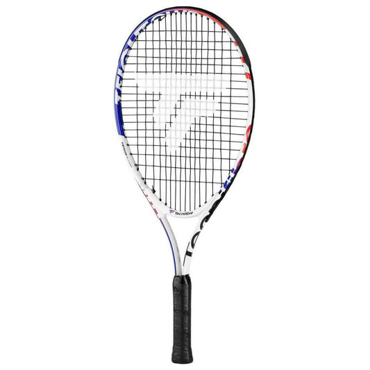 Introducing the Tecnifibre T-Fight Club 23 Junior Tennis Racket in White, designed specifically for young players. This lightweight racket features a striking white, blue, and red frame with an aluminium construction to ensure easy handling. The black handle wonderfully complements the large white 'T' logo emblazoned on the strings, epitomizing Tecnifibre's commitment to quality and style.