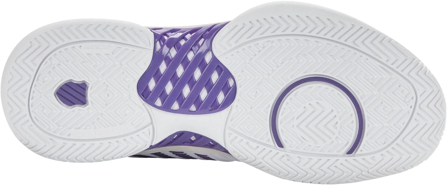 The image shows the sole of K-Swiss Express Light 3 Womens Tennis Shoes in White/Purple Haze/Lunar Rock, featuring a white base with purple accents and textured patterns for grip, including zigzags, circles, and a central diamond-shaped section.