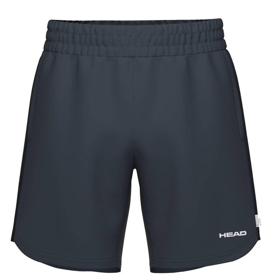 HEAD Power Men's Tennis Shorts in navy, featuring an elastic waistband and white HEAD logo on the lower left leg, crafted from breathable sportswear fabric and shown against a plain white background.