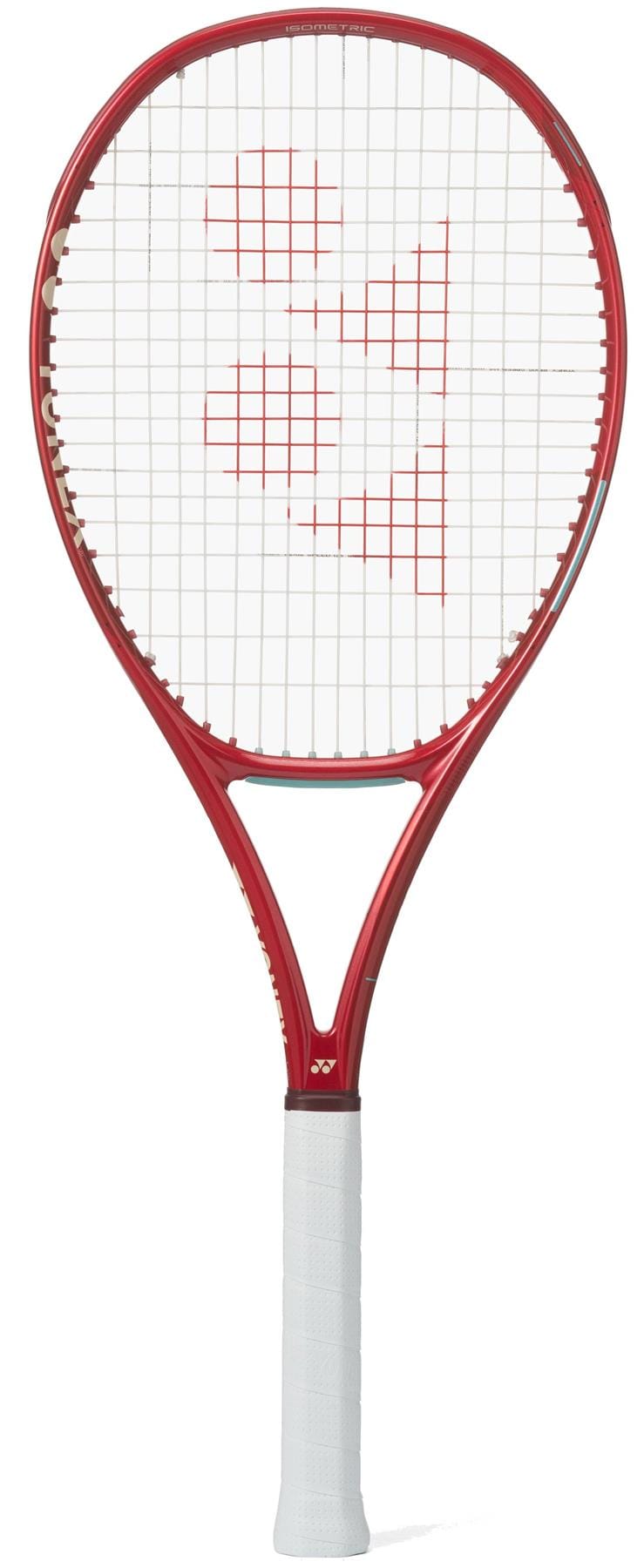 The Yonex VCORE 98 Tour Ruby Red 2026 Tennis Racket features a striking red frame with a white grip and strings, plus a signature red logo on the string bed—engineered by Yonex for maximum spin.