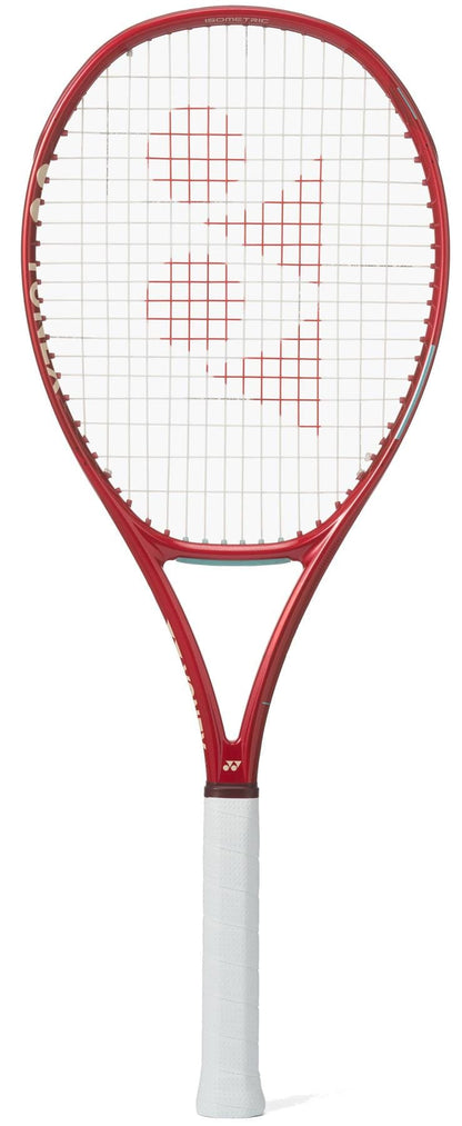 The Yonex VCORE 98 Tour Ruby Red 2026 Tennis Racket features a striking red frame with a white grip and strings, plus a signature red logo on the string bed—engineered by Yonex for maximum spin.