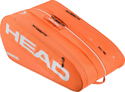 The HEAD Tour 12 Racket Tennis Bag XL - Orange features a bold white HEAD logo, multiple zippered compartments, climate control technology, white accents, and a sturdy carrying handle.