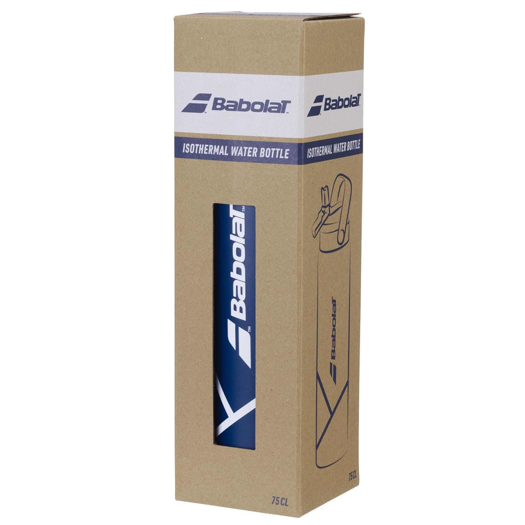 The Babolat Isothermal 750ml Water Bottle - Blue is shown in a branded cardboard box with a cut-out window, displaying the blue bottle with the Babolat logo and product information on the packaging.