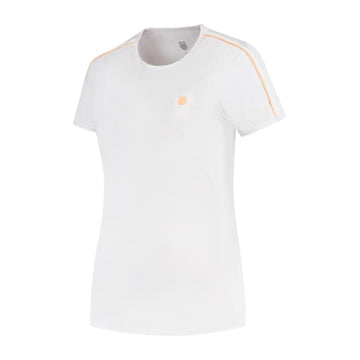 The K-Swiss Hypercourt Crew Tee 3 Women's Tennis T-Shirt by K-Swiss features a plain white design crafted from breathable polyester. It includes short sleeves, a round neck, and subtle orange piping on the shoulders, while a small emblem decorates the chest. This T-shirt is perfect for fans of the K-Swiss Hypercourt style.