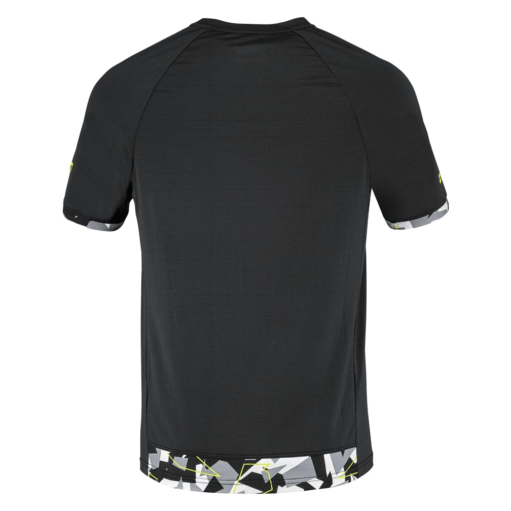 Back view of the Babolat Aero Crew Neck Men's Tennis T-Shirt in black, showcasing a geometric pattern with shades of white and gray on the sleeves and hem. Constructed from breathable fabric, this tee feels smooth and lightweight, enhancing comfort for casual outings or racket sport performance.
