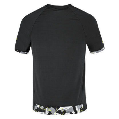 Back view of the Babolat Aero Crew Neck Men's Tennis T-Shirt in black, showcasing a geometric pattern with shades of white and gray on the sleeves and hem. Constructed from breathable fabric, this tee feels smooth and lightweight, enhancing comfort for casual outings or racket sport performance.