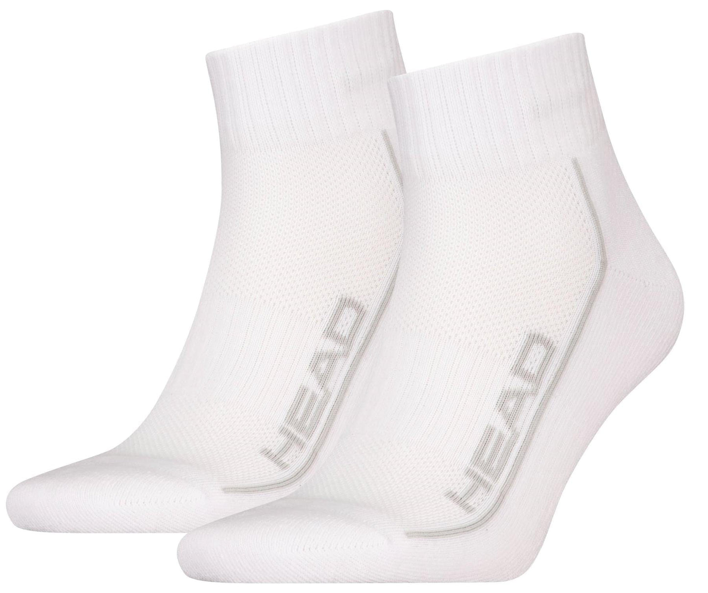 HEAD Performance Quarter Tennis Socks - White (2 Pack) by HEAD feature ribbed cuffs, cushioned soles, and "HEAD" in gray along the sides.