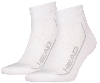 HEAD Performance Quarter Tennis Socks - White (2 Pack) by HEAD feature ribbed cuffs, cushioned soles, and "HEAD" in gray along the sides.