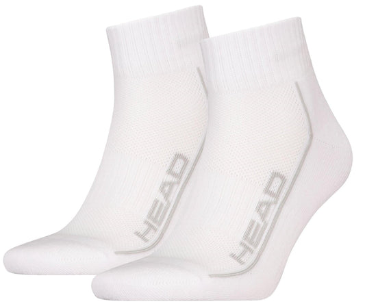 HEAD Performance Quarter Tennis Socks - White (2 Pack) by HEAD feature ribbed cuffs, cushioned soles, and "HEAD" in gray along the sides.