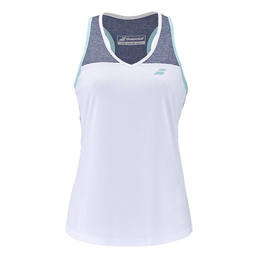 The Babolat Play Women's Tennis Tank Top in White and Blue Heather showcases a white sleeveless design with gray and light blue detailing on the shoulders. Made from Fiber Dry-polyester, it provides comfort during play. The v-neckline is enhanced by a small blue Babolat Play logo on the left chest.