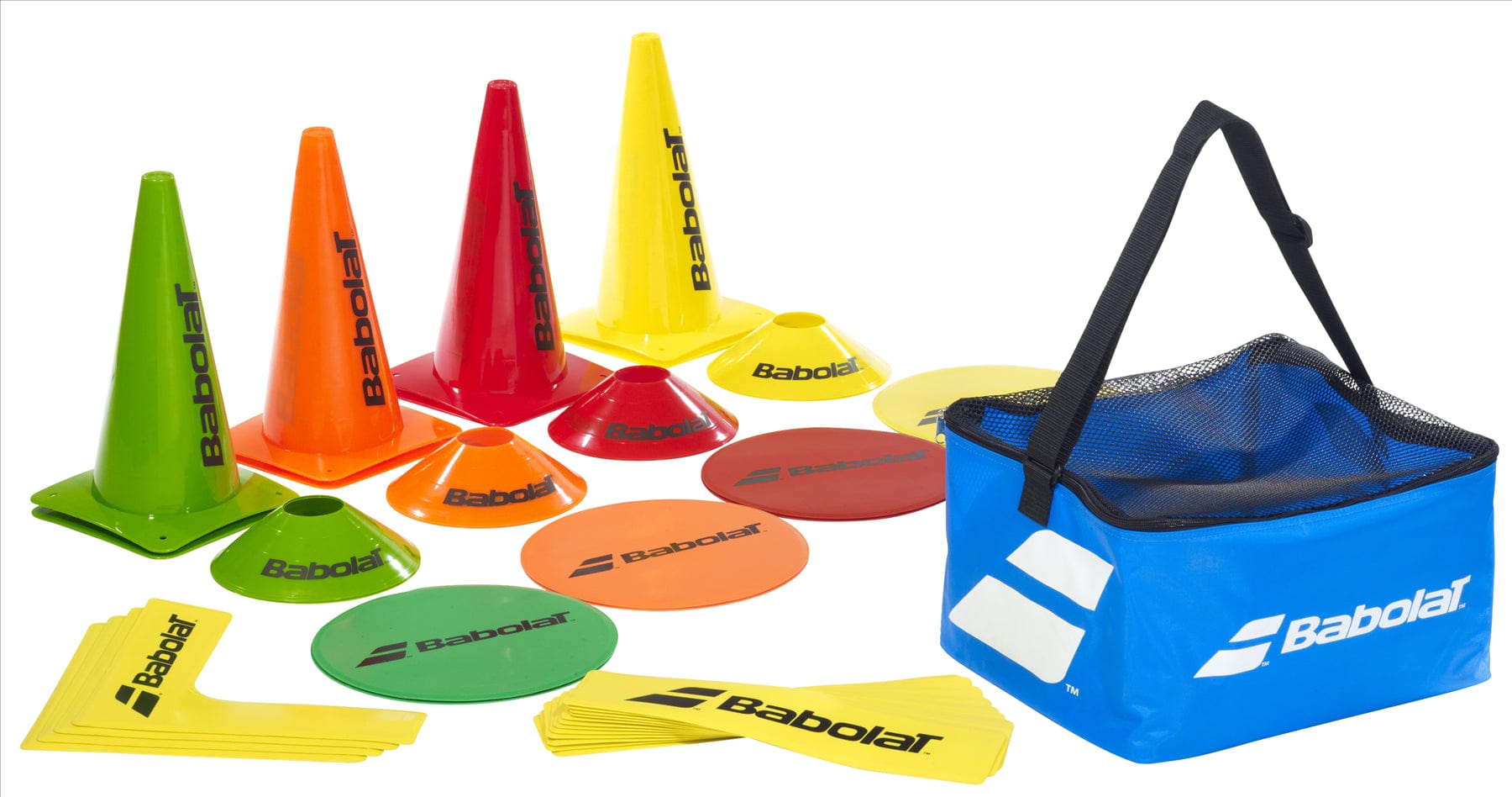 The Babolat Mini Tennis Training Kit is perfect for tennis practice, offering vibrant cones, markers, and agility squares in shades of yellow, orange, and red. All components fit seamlessly into a blue mesh sports bag with a black strap—ideal for portable mini tennis sessions.