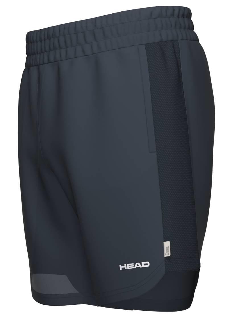 HEAD Power Men's Tennis Shorts in navy feature an elastic waistband, mesh side panels for breathability, moisture-wicking fabric, a modern fitted design, and the HEAD logo in white near the bottom hem.