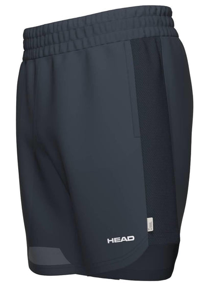 HEAD Power Men's Tennis Shorts in navy feature an elastic waistband, mesh side panels for breathability, moisture-wicking fabric, a modern fitted design, and the HEAD logo in white near the bottom hem.