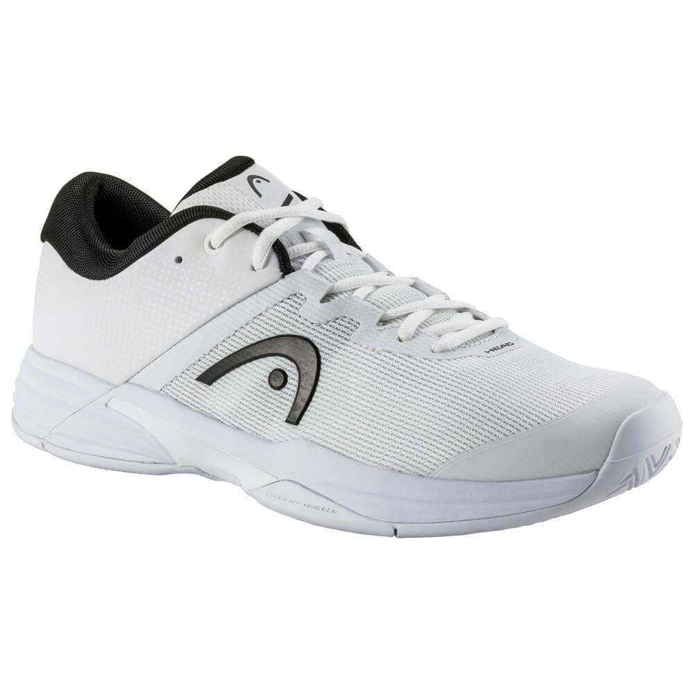 The HEAD Revolt Evo 2.0 Mens Wide Fit Tennis Shoes in white and black are stylish athletic footwear featuring the brand's logo. These shoes come with a white lace-up design, black interior lining, and a textured non-slip sole, making them perfect for sports activities.