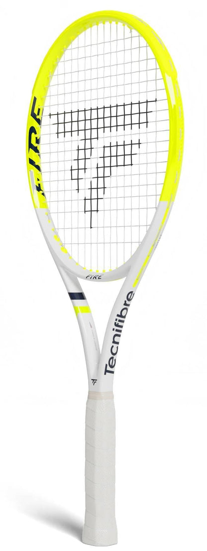 The Tecnifibre Fire 255 Tennis Racket, in yellow and white with a white grip, features the Tecnifibre logo on the strings, branding on the frame, and advanced vibration dampening technology for comfort.