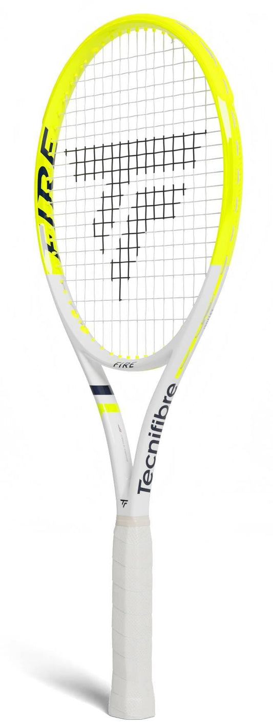 The Tecnifibre Fire 255 Tennis Racket, in yellow and white with a white grip, features the Tecnifibre logo on the strings, branding on the frame, and advanced vibration dampening technology for comfort.