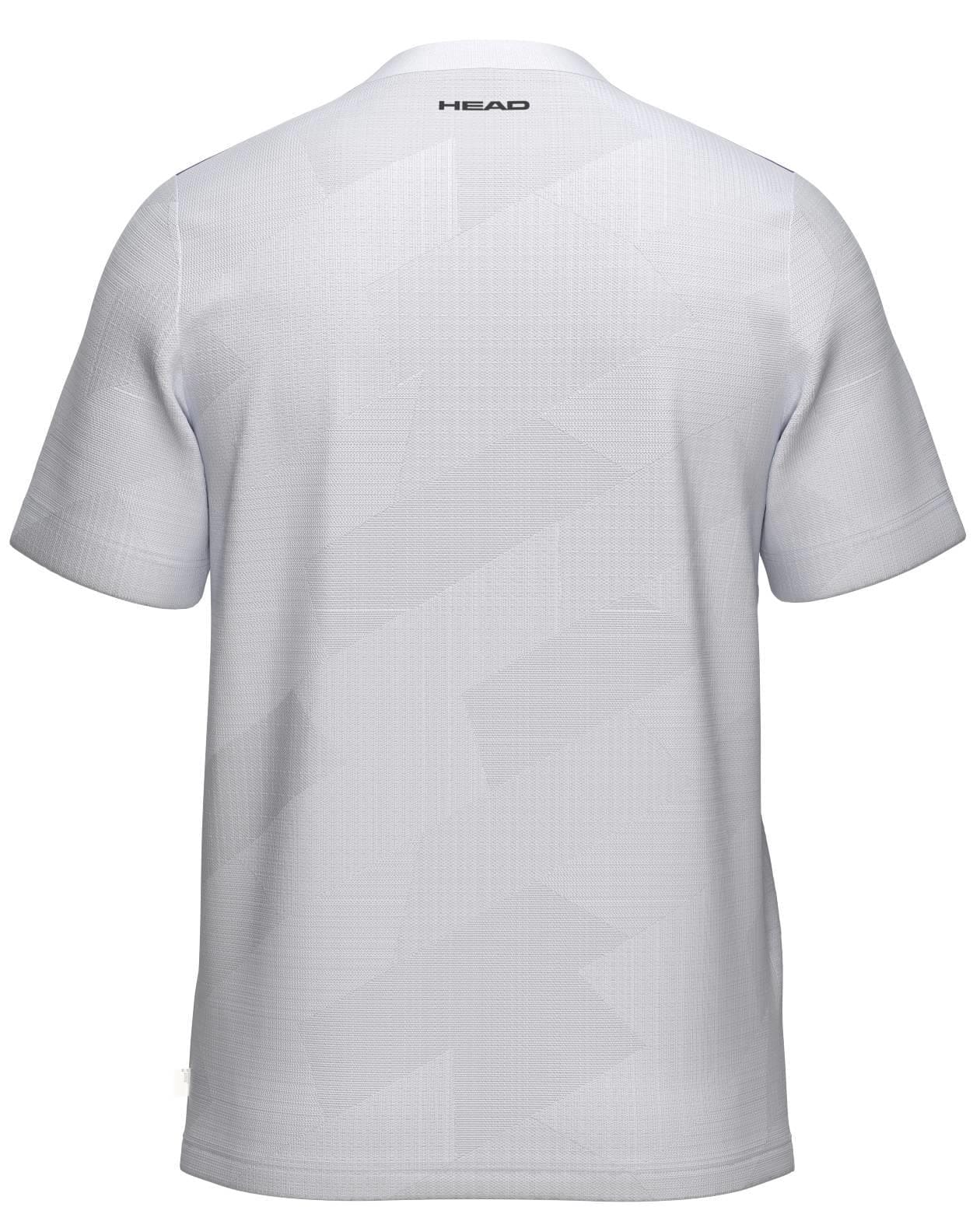 Back view of the HEAD Pro Mens Tennis T-Shirt - PUXP in white, featuring subtle geometric patterns and "HEAD" near the neck—a breathable, ideal tennis shirt for athlete performance.