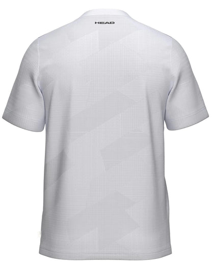 Back view of the HEAD Pro Mens Tennis T-Shirt - PUXP in white, featuring subtle geometric patterns and "HEAD" near the neck—a breathable, ideal tennis shirt for athlete performance.