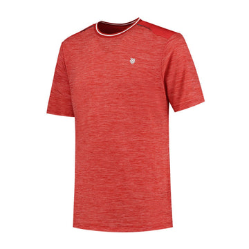 The K-Swiss Tac Hypercourt Tennis T-Shirt in Lollipop Melange is a red, short-sleeved athletic tee featuring a subtle heather pattern and a small logo on the chest. It has a round neckline with red and white detailing, complemented by a solid red shoulder panel, providing both sporty and timeless appeal.
