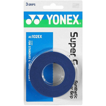 The Yonex AC102EX Super Grap Tennis Overgrip - 3 Pack in blue provides three high-performance overgrips crafted for excellent sweat absorption and compatibility with both standard and extra-long handles. The packaging showcases an elegant design in white, green, and blue, prominently highlighting the iconic Yonex branding at the top.