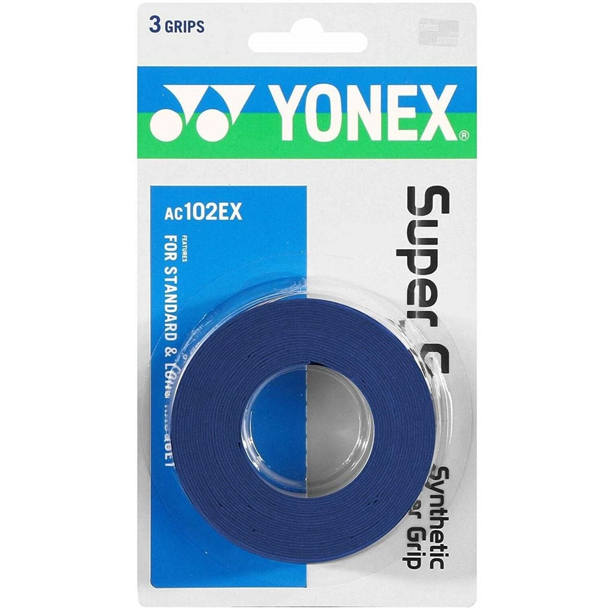 The Yonex AC102EX Super Grap Tennis Overgrip 3 Pack includes blue grips for sports rackets, suitable for standard and extra-long handles.