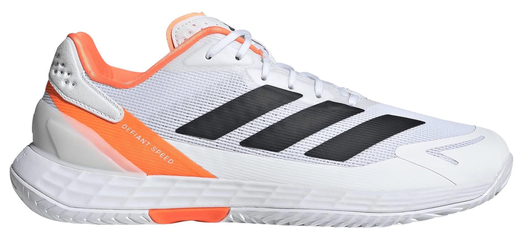 The adidas Defiant Speed 2 Men's Tennis Shoes in white and orange feature black stripes, "DEFIANT SPEED" text on the side, a textured sole, and a lightweight design built for fast play.