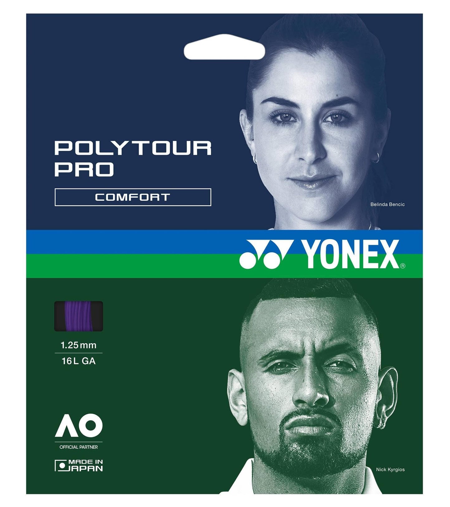 Yonex Polytour Pro Tennis String (12m) - Midnight Purple packaging features a split design with a woman's face on the blue top and a man's face on the green bottom, highlighting this high-performance Yonex polyester string with clear details and logos.