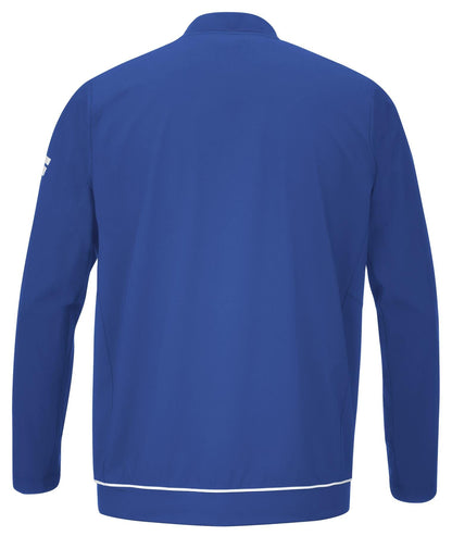Sodalite Blue Babolat Play men's tennis jacket, crafted from recycled polyester, displayed from the back. The design features a subtle white trim along the bottom edge.