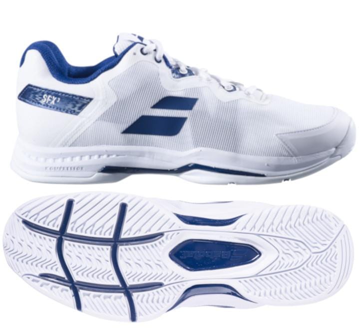 Discover the Babolat SFX3 All Court Men's Tennis Shoes, featuring a white design with navy accents tailored for those with wide feet. The image displays both the side profile and sole, showcasing a navy logo on the upper along with an intricate tread pattern. Enjoy superior shock absorption, establishing them as the ultimate comfort choice for any activity.