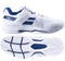 Discover the Babolat SFX3 All Court Men's Tennis Shoes, featuring a white design with navy accents tailored for those with wide feet. The image displays both the side profile and sole, showcasing a navy logo on the upper along with an intricate tread pattern. Enjoy superior shock absorption, establishing them as the ultimate comfort choice for any activity.