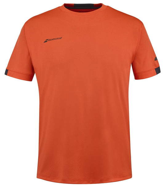 A Babolat Play Men's Crew Neck Tennis T-Shirt in Fiesta Red, made from recycled polyester, with short sleeves and small black logo accents on the chest and sleeves. Suitable for both sports and casual wear, it combines a straightforward athletic style with the durability of Babolat Play technology.