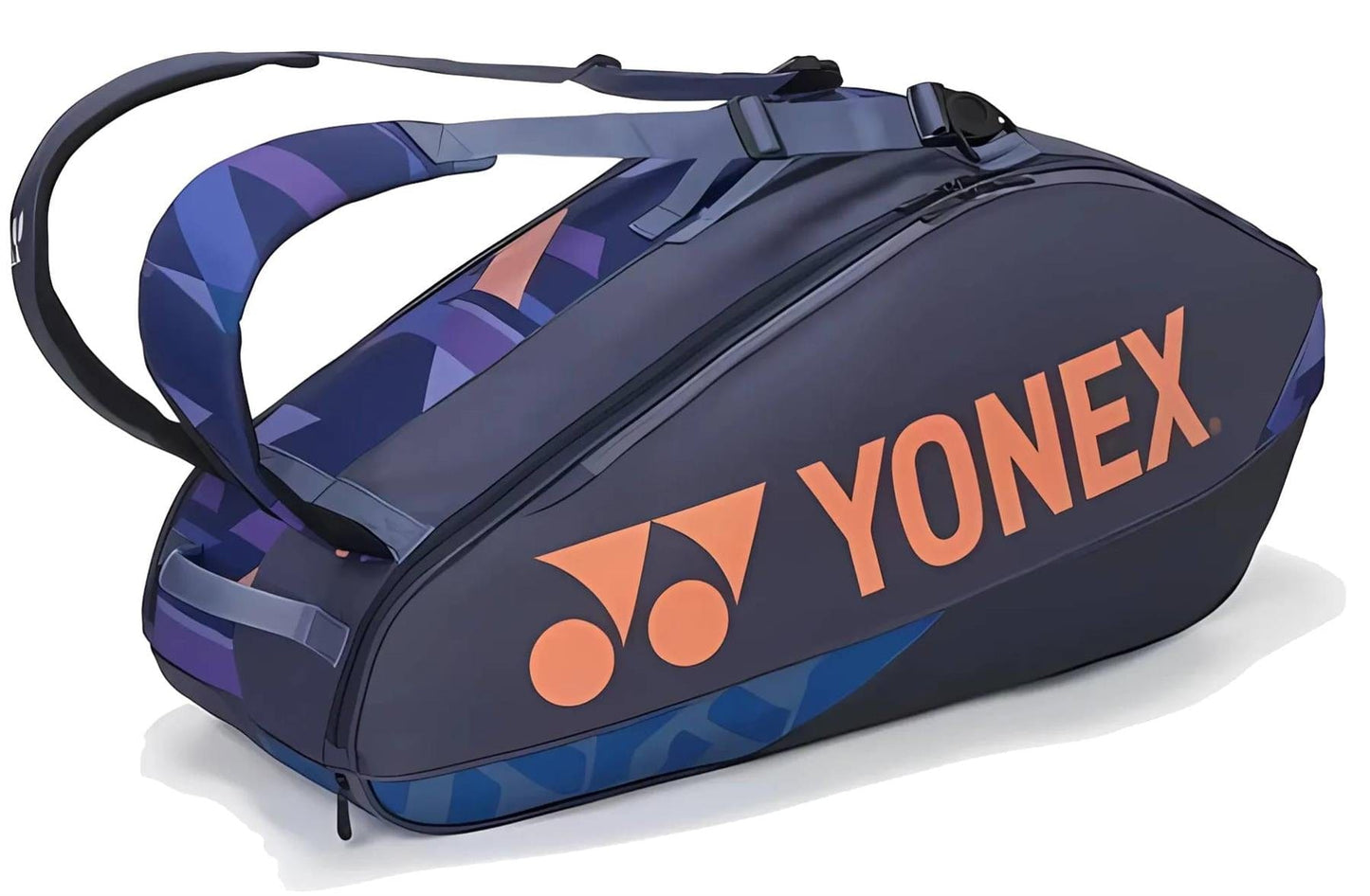 The Yonex 92426EX 6 Racket Pro Tennis Bag in Midnight Navy features orange branding, geometric blue side patterns, two shoulder straps, and holds up to six rackets—combining style and function for tennis players.