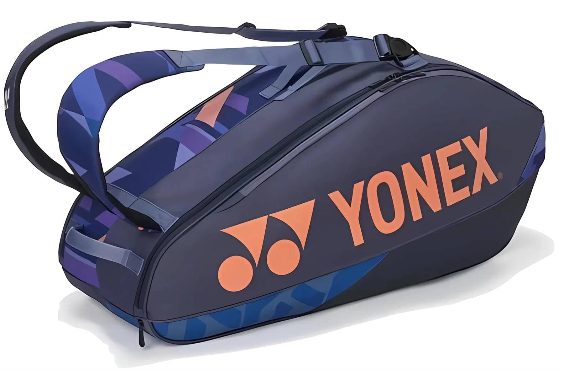 The Yonex 92426EX 6 Racket Pro Tennis Bag in Midnight Navy features orange branding, geometric blue side patterns, two shoulder straps, and holds up to six rackets—combining style and function for tennis players.